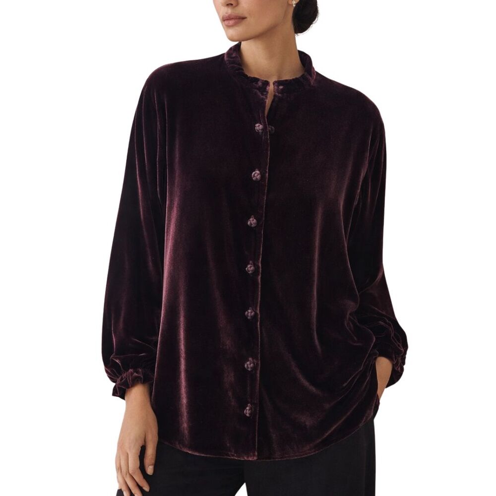 Eileen Fisher Velvet Blouse M Burgundy Mandarin Collar Silk Blend Top Lagenlook